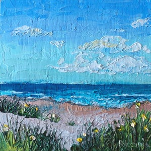 Kleines Original Ölgemälde, Landschaft Wandbild, Seelandschaft Kunstwerk, Strand Wandkunst, 15x15 Ölgemälde, kleine Kunst