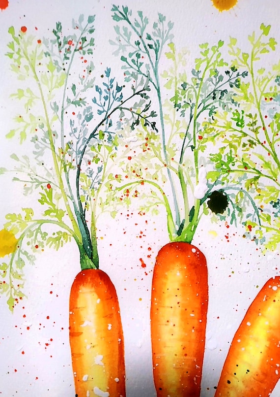 にんじんのオリジナル水彩画、庭の絵画、食べ物の壁アート、キッチンの