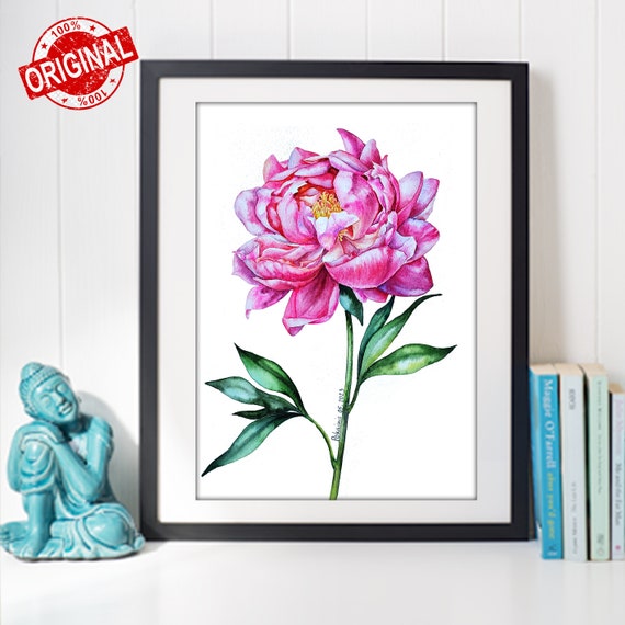 牡丹の絵画 オリジナル水彩画アート 花の絵画 ピンクの牡丹の壁