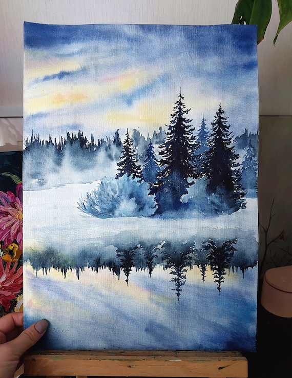 オリジナル水彩画「冬の森の絵画」雪景色（12x16インチ） - Etsy 日本