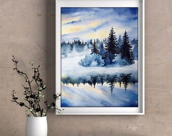 オリジナル水彩画「冬の森の絵画」雪景色（12x16インチ） - Etsy 日本