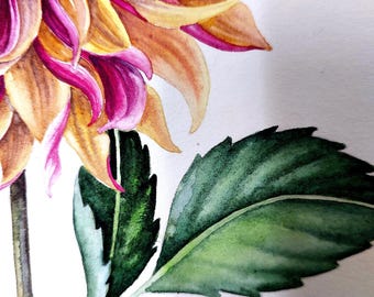 オリジナル水彩画、花の絵画、花の壁アート、ダリアの絵画、一輪の花の