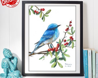 オリジナルの青い鳥の水彩画：枝に止まる鳥、竹紙 - Etsy 日本