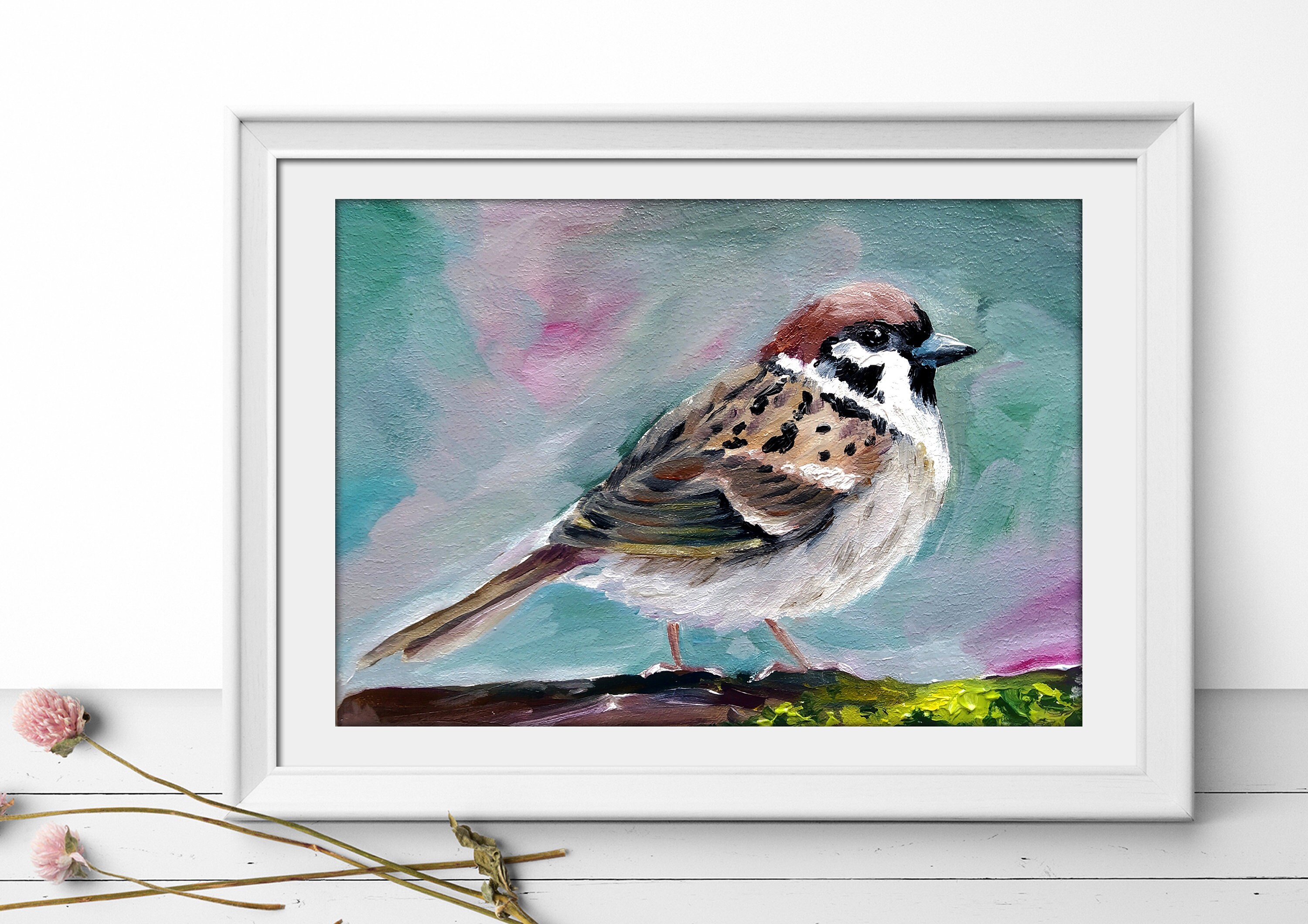スズメ オリジナル油絵、鳥のアート、5x8 - Etsy 日本