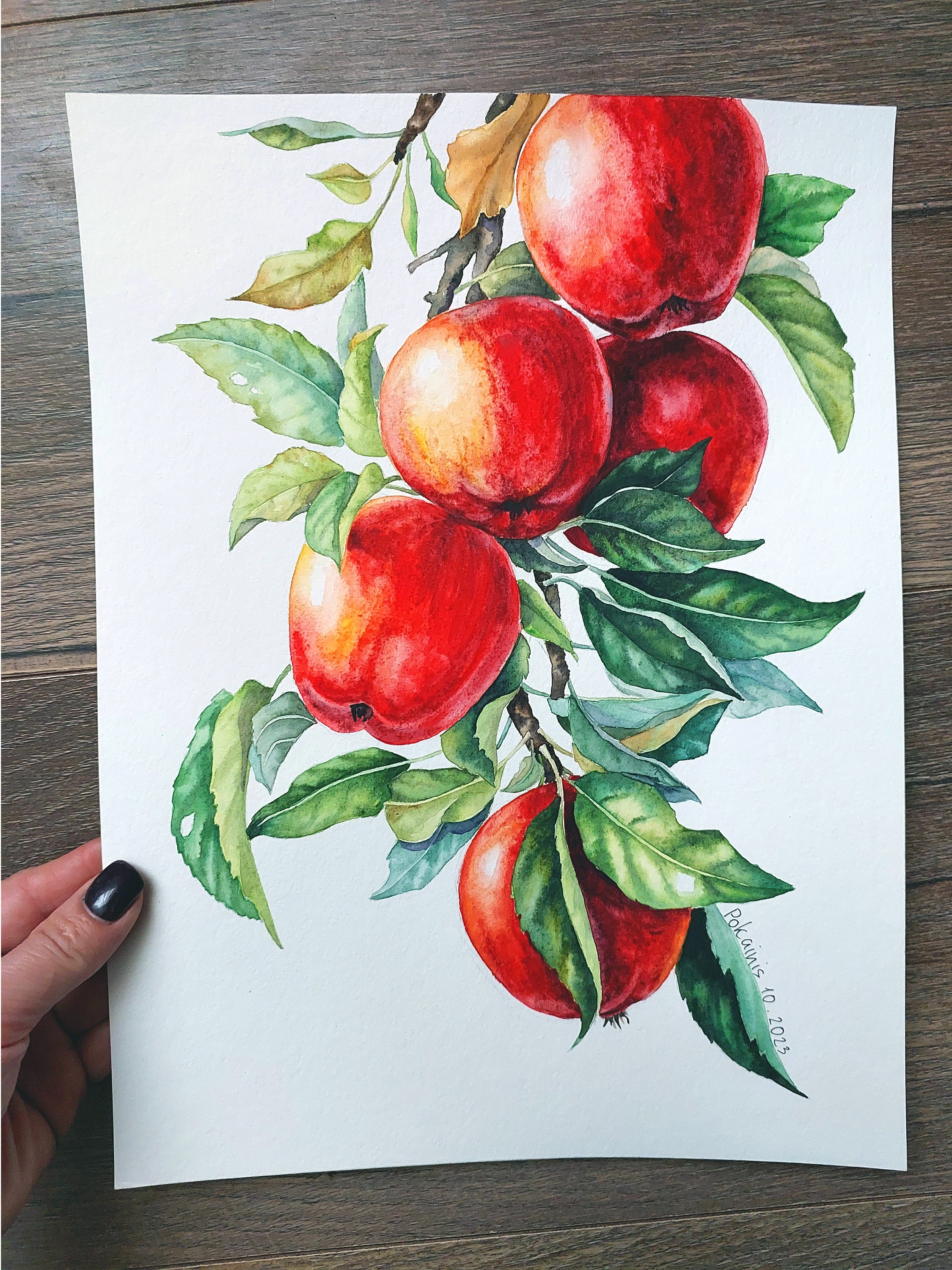 オリジナルの赤いリンゴの水彩画、植物のアートワーク、静物画の壁画