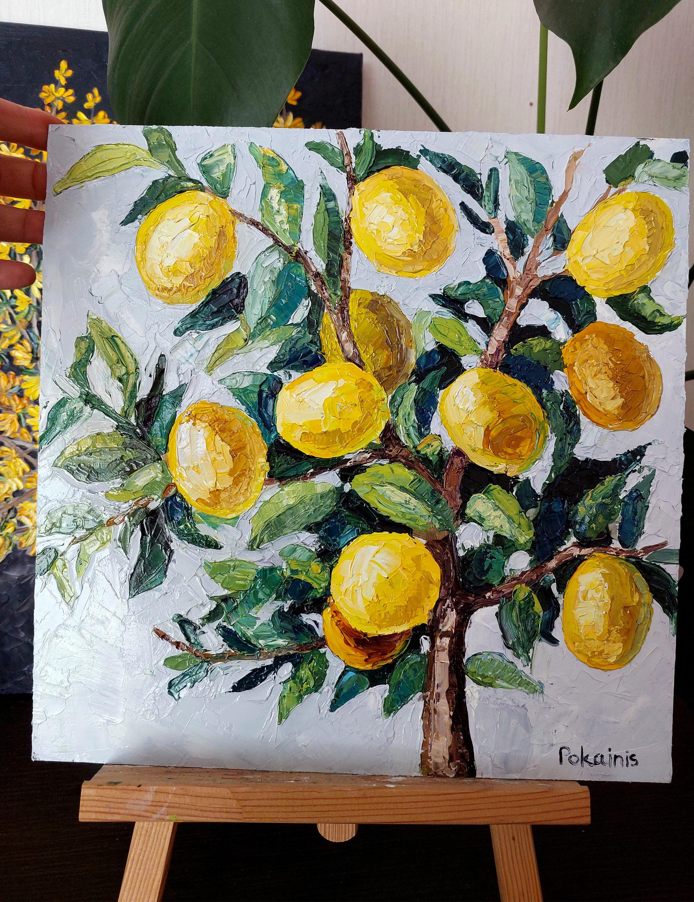 レモンの木のオリジナル油絵、フルーツの静物画の壁アート、野菜の
