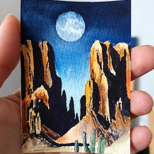 Oryginalny obraz akwarelowy ACEO, obraz ścienny z krajobrazem księżycowym, 2,5*3,5 cala mały obraz krajobrazowy, obraz miniaturowy z księżycem, pocztówka aceo