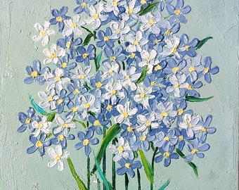 Forget-me-not oil painting, original artwork impasto oil painting, wildflower wall art daisy painting, small oil painting, botanical artwork