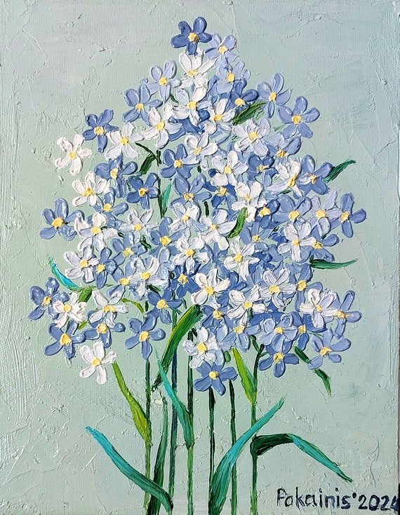 ワスレナグサの油絵、オリジナル作品の厚塗り油絵、野の花の壁掛け