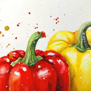 May include: A red bell pepper and a yellow bell pepper, both with green stems, are painted in a watercolor style on a white background with splattered paint.