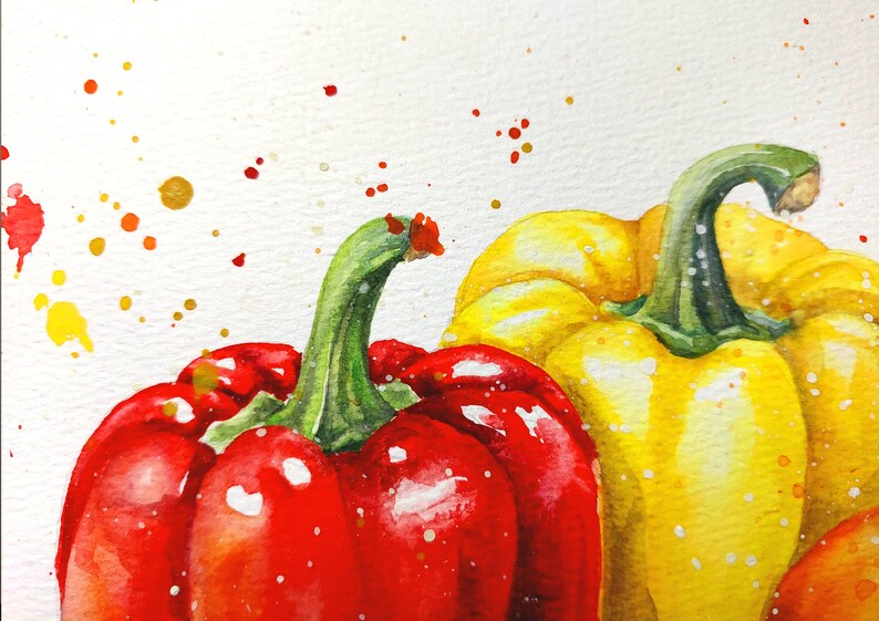 May include: A red bell pepper and a yellow bell pepper, both with green stems, are painted in a watercolor style on a white background with splattered paint.