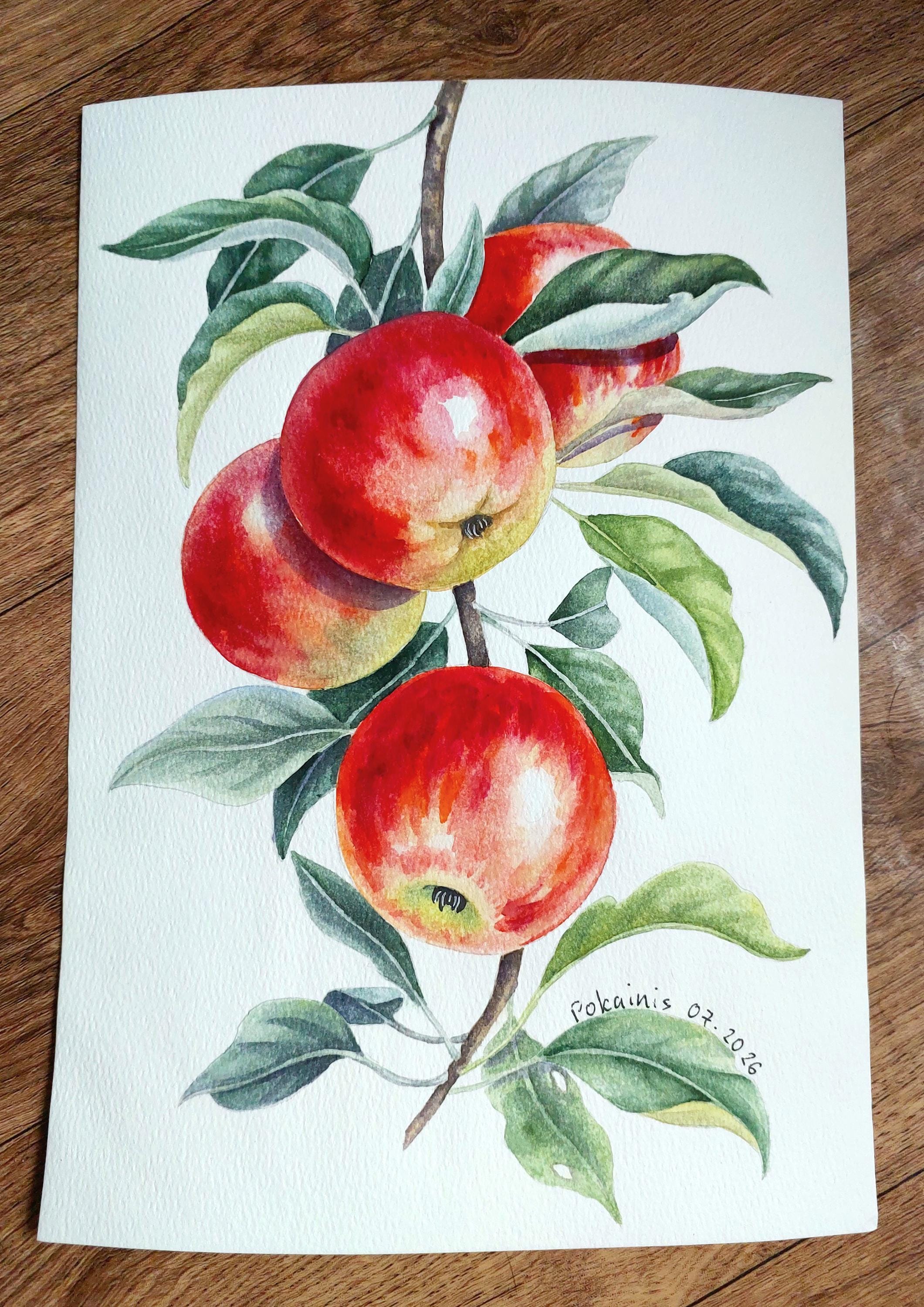 オリジナルのリンゴの水彩画、植物の静物画、キッチンの壁掛けアート