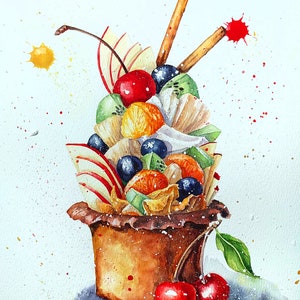 Acquerello ORIGINALE di Cupcake, arte murale di cibo, pittura di frutta, natura morta di frutta, arte murale di ciliegie, belle arti originali da cucina