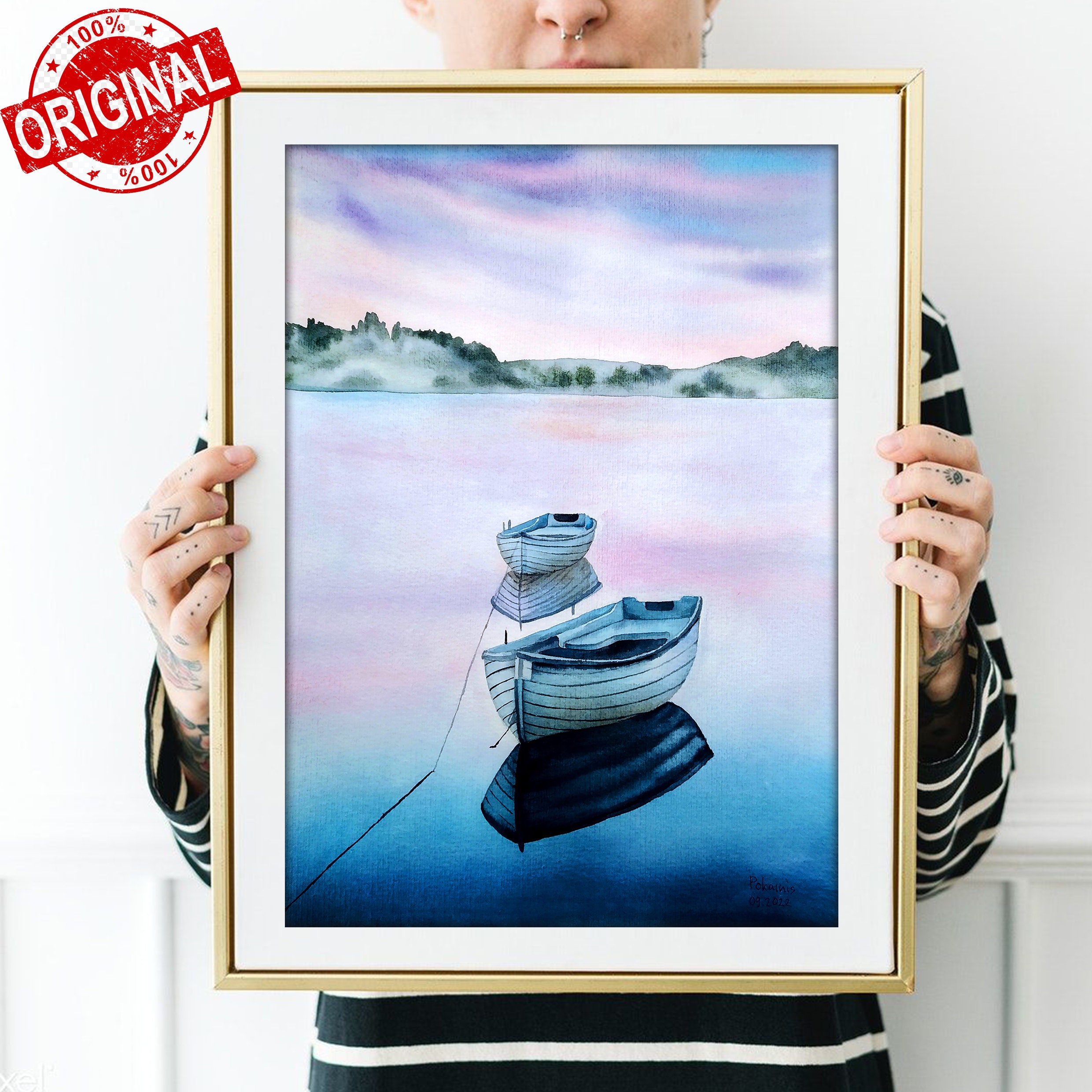 オリジナル水彩画、霧の風景画、手漕ぎボートの壁画、写真からの絵画