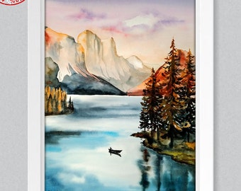 オリジナルの水彩画、風景の水彩画、山の壁画、森の絵画、茶色の色調の