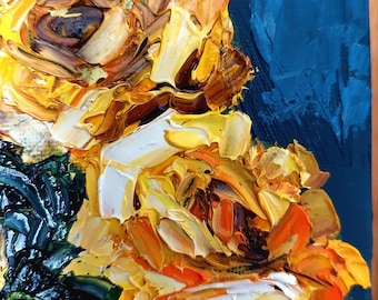 黄色いバラのオリジナル油絵、花の壁アート、厚塗りの油絵、植物の