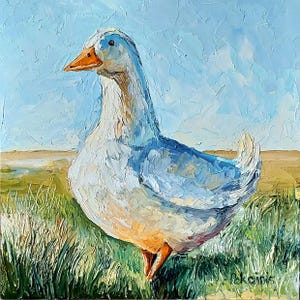 White goose small oil painting, original artwork, bitd lover gift, white duck impasto oil painting, countryside wall art, goose fine art
