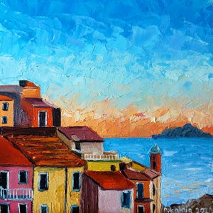 Petite ville italienne peinture à l'huile, oeuvre d'art originale de paysage urbain, peinture à l'huile d'empâtements, décoration de maison de plage, art mural côtier, peinture d'après photo