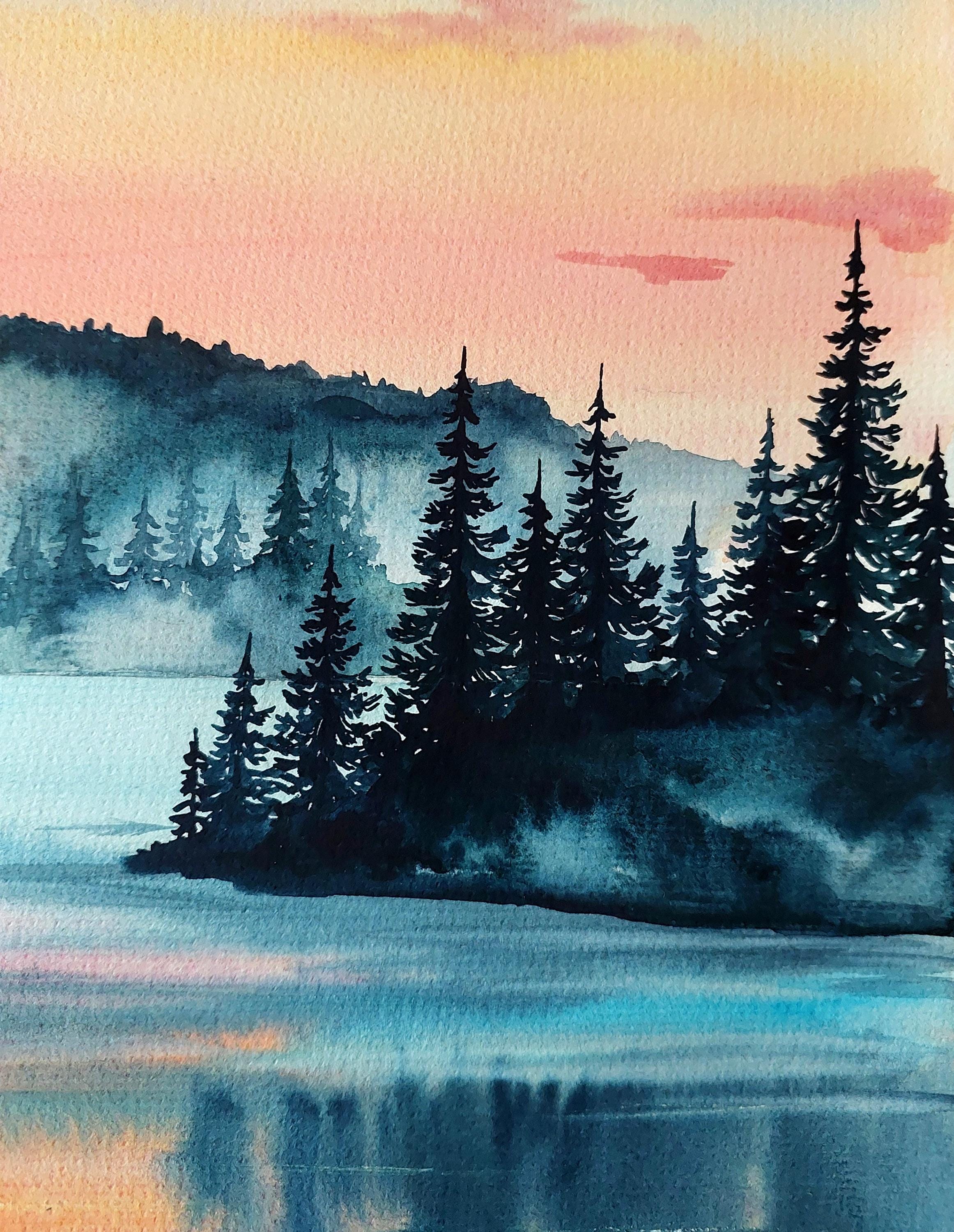 オリジナル水彩画、森の絵、森の壁画、山の壁画、冬の風景、水の反射