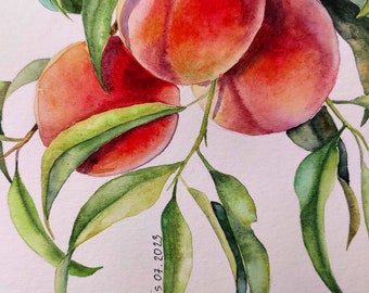 桃の水彩画、フルーツの静物画、フルーツの絵画、植物の壁画