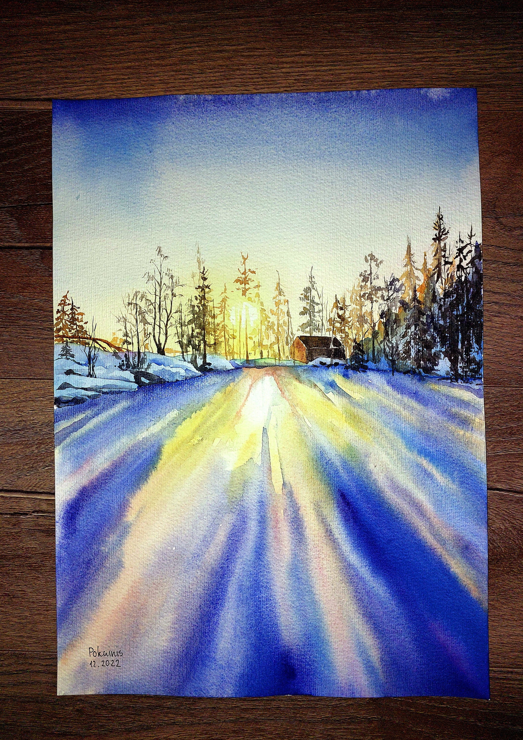 オリジナル冬の夕焼け水彩画、森の風景、16x12 - Etsy 日本