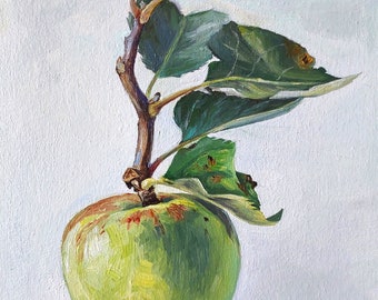 Kleines Ölgemälde, Stillleben, Apfel Malerei, Obst Malerei, Apfel Zweig, botanische Wandkunst, Obst Malerei, Stillleben