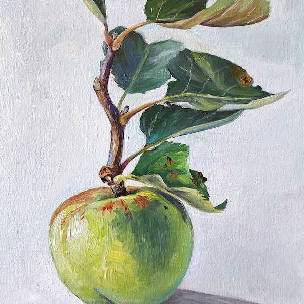 Small oil painting, original artwork, apple oil painting, fruit still life oil painting, fruit wall art, apple branch, botanical wall art