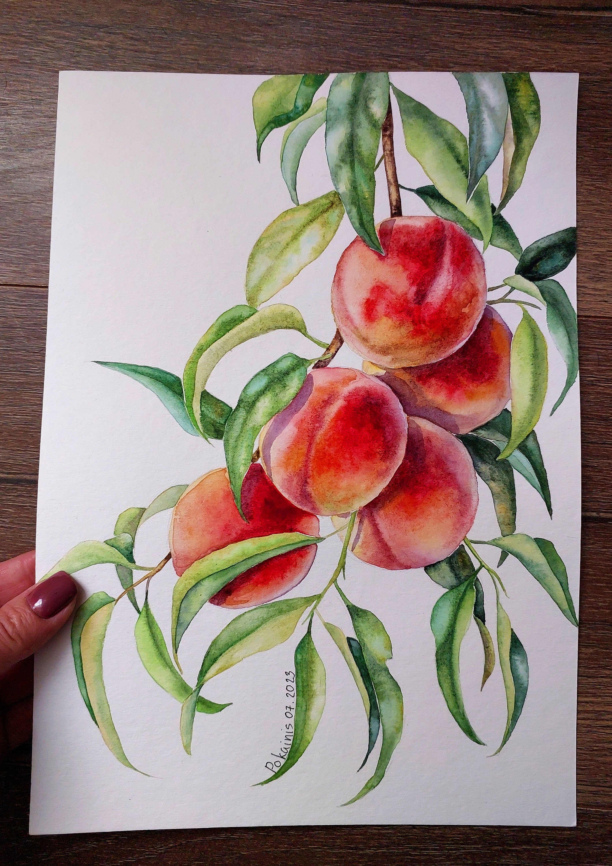 桃の水彩画、フルーツの静物画、フルーツの絵画、植物の壁画