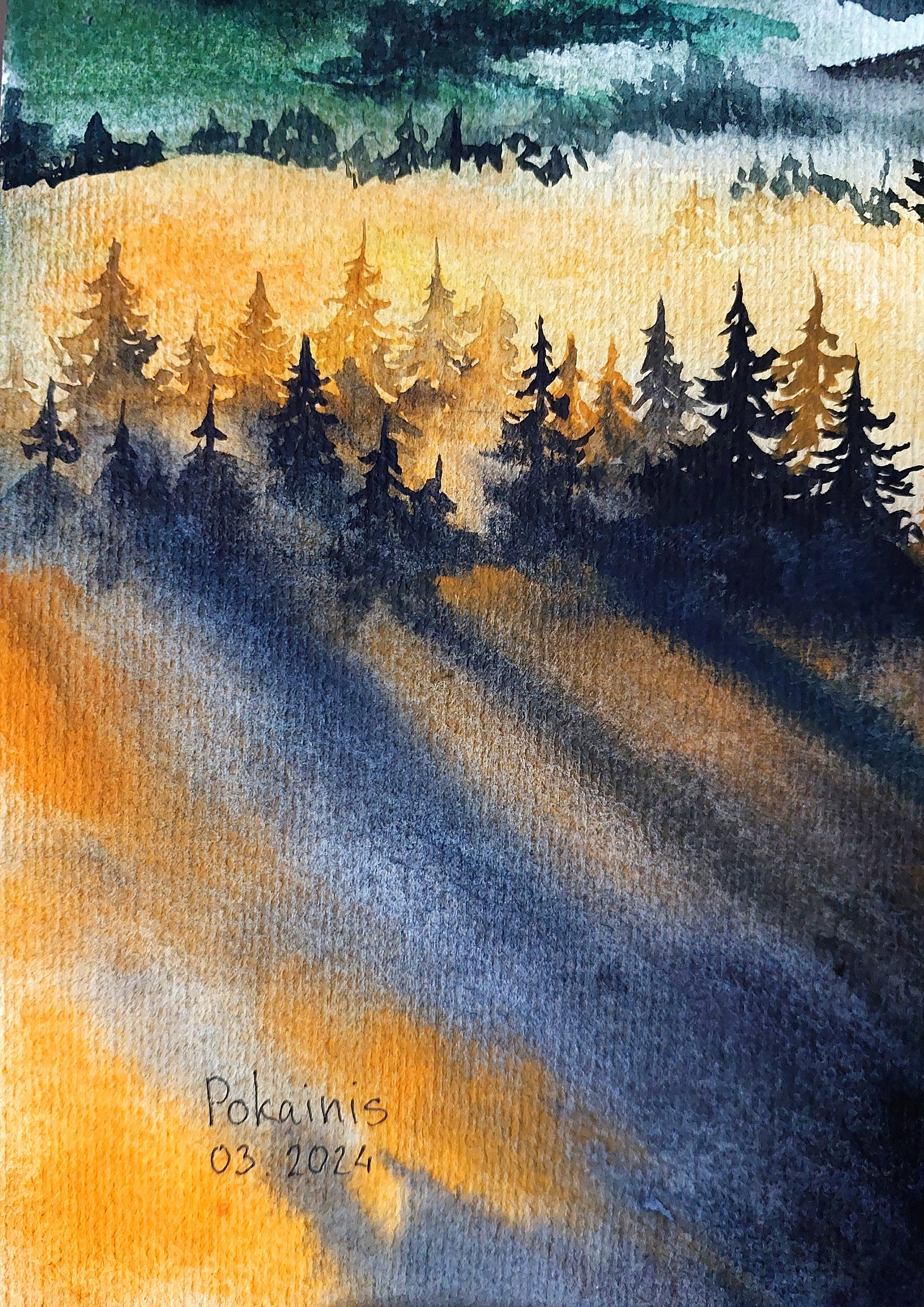 オリジナルの水彩画の霧の森の絵画、夕日の山のアートワーク、魅惑の森