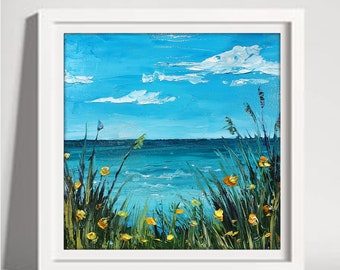 小さなオリジナル油絵、風景壁アート、海景アート、ビーチ壁