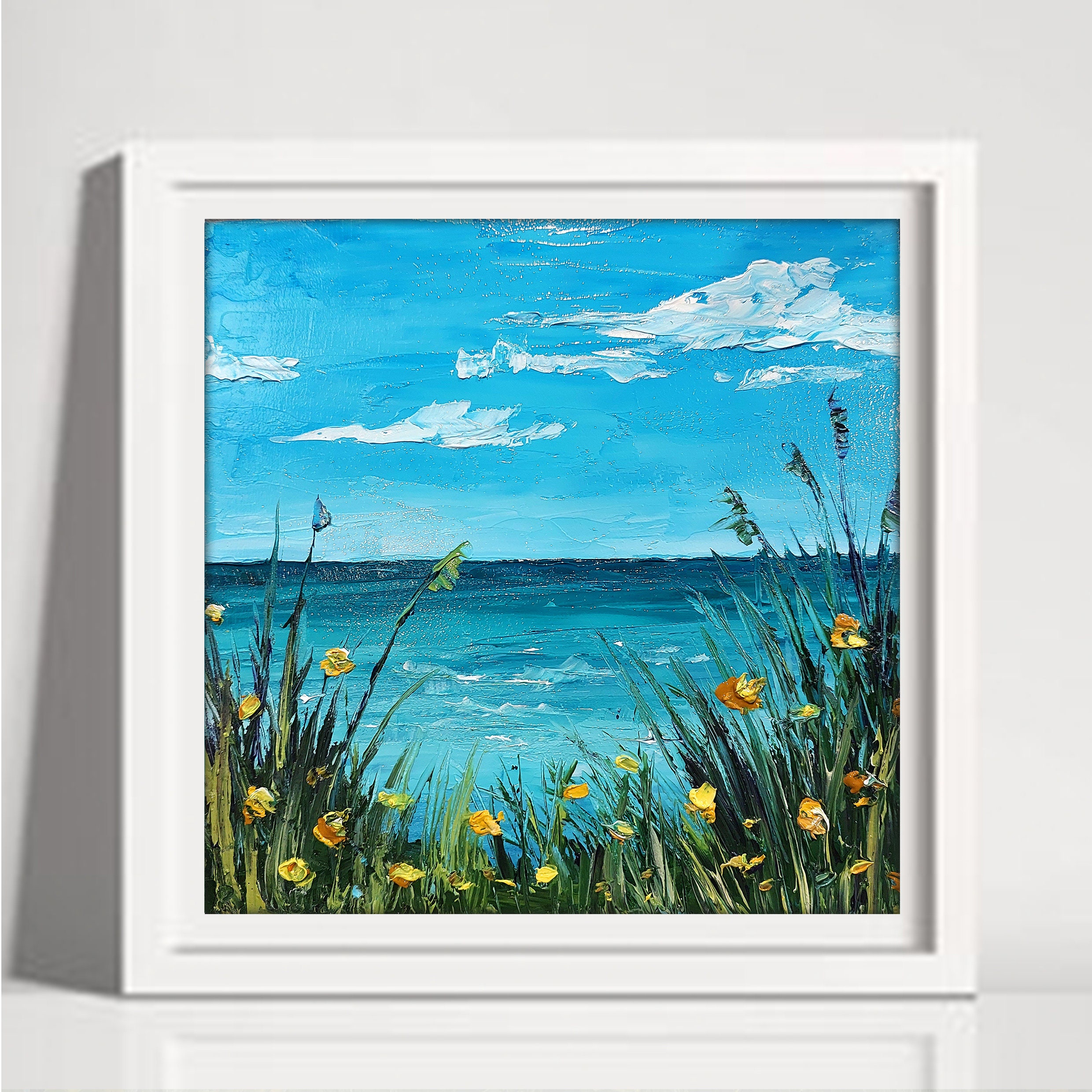 油絵 絵画 【岩場の海】 小さなオリジナル油絵、風景壁アート、海景アート、ビーチ壁
