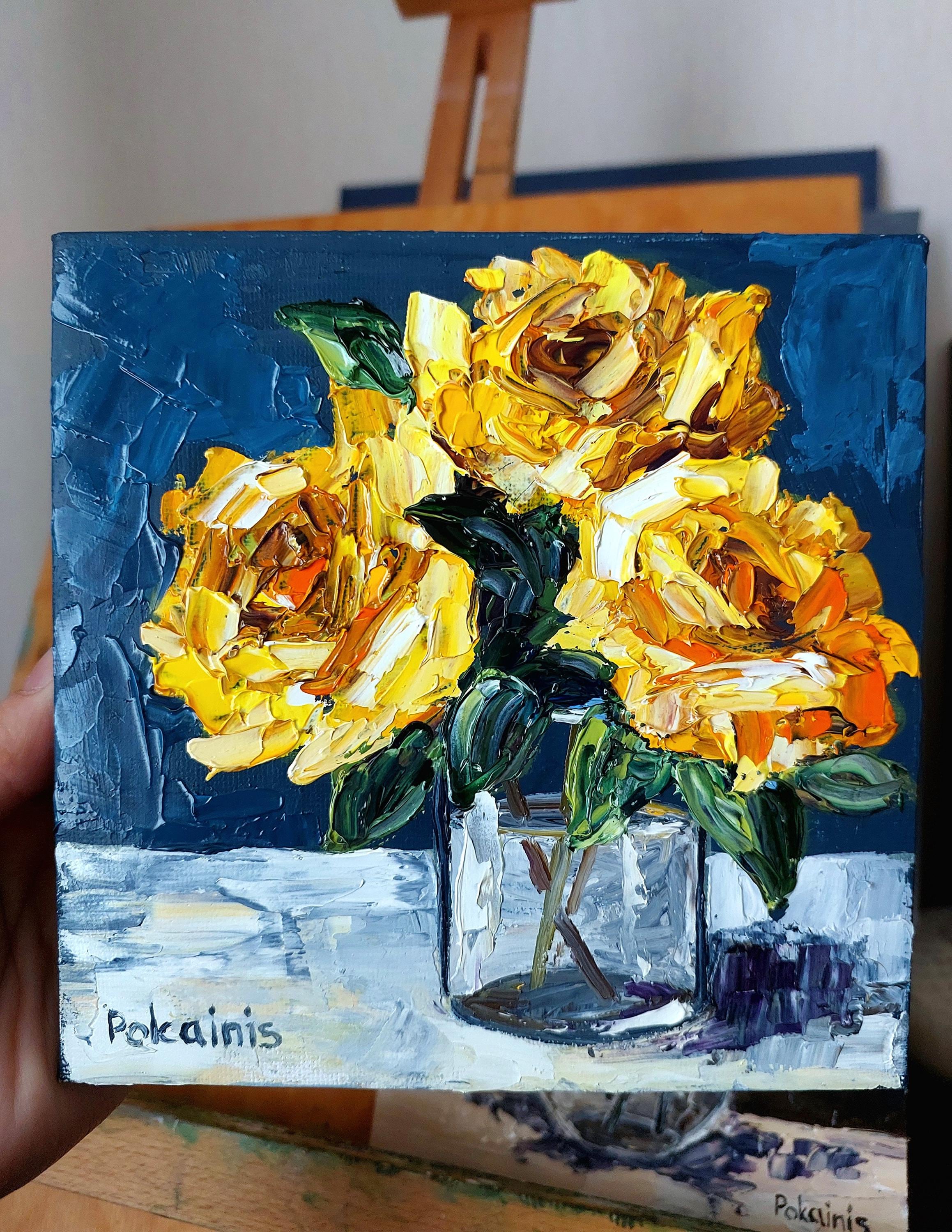 黄色いバラのオリジナル油絵、花の壁アート、厚塗りの油絵、植物の