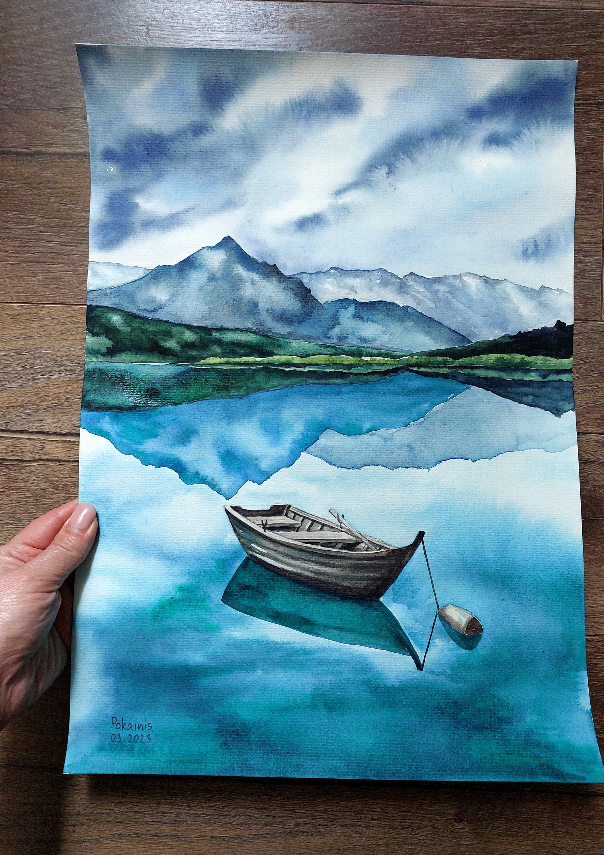 秋の風景 水彩画 ボート 山の湖の風景を描いたオリジナル水彩画、ボート風景画 - Etsy 日本