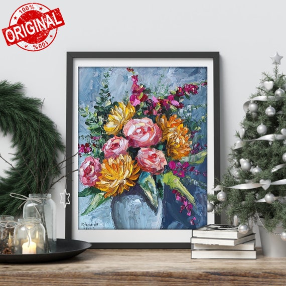 花のオリジナル油絵、バラの花の静物画の壁アート、花束の厚塗り油絵