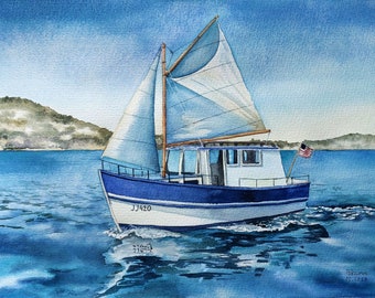 Aquarelle de bateau, peinture de voilier, art mural de chaloupe, peinture à partir d'une photo, peinture de bateau personnalisée, oeuvre d'art originale, art de voilier