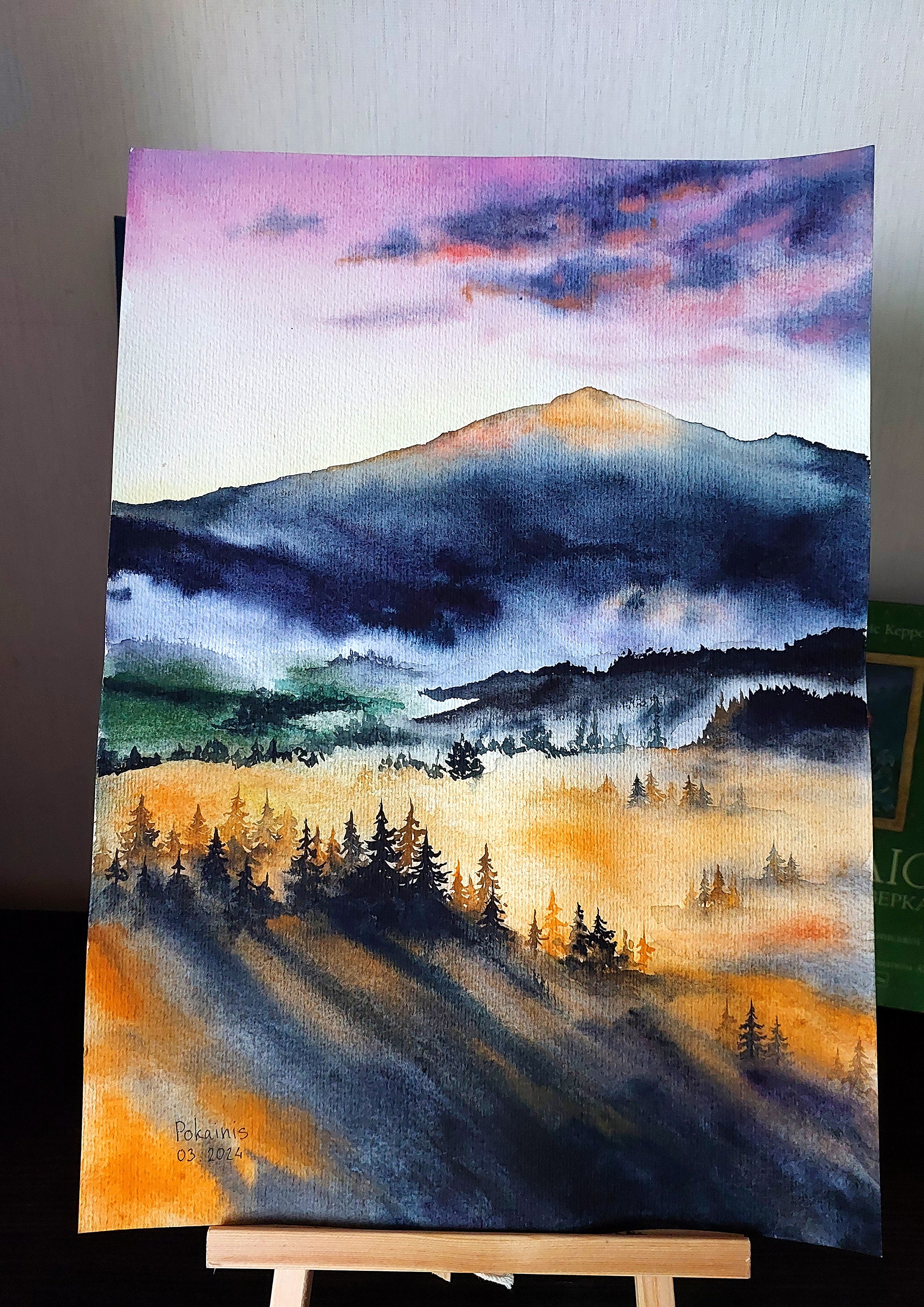 オリジナルの水彩画の霧の森の絵画、夕日の山のアートワーク、魅惑の森