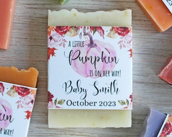 Pink pumpkin baby shower favor with fall foliage Personalized baby girl shower favor Fall theme party favor soap Little pumpkin on the way