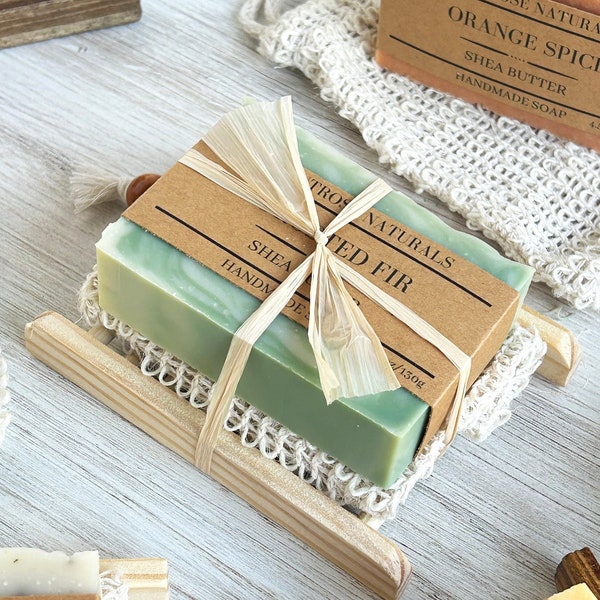 Soap gift set bundle, Natural handmade soap bar, Wooden soap dish, Sisal soap saver bag and soap bar bundle Holiday small gift for Christmas