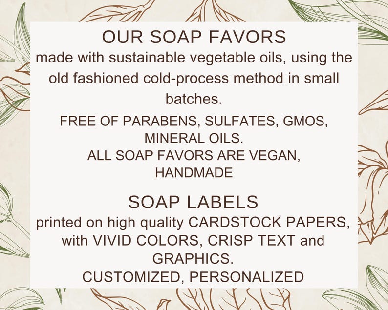 Puede incluir: Un gr&aacute;fico crema con texto que describe "NUESTROS FAVORES DE JAB&Oacute;N", hechos con aceites vegetales sostenibles y el m&eacute;todo de proceso en fr&iacute;o. Destaca que los jabones son veganos y hechos a mano. Tambi&eacute;n menciona etiquetas de jab&oacute;n.