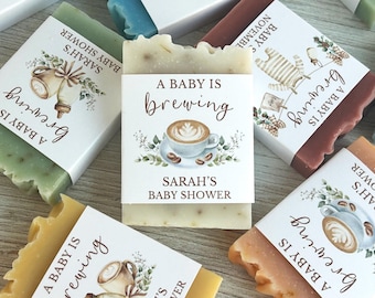 Baby Is Brewing Coffee Soap Favors, Personalized gift for guest, Coffee themed baby shower, greenery white floral, Neutral baby sprinkle