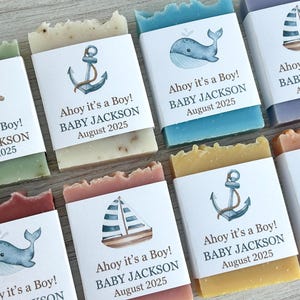Nautical Baby shower soap favor, Personalized gift for guest, Ocean theme soap, Ahoy it&#39;s a Boy, Whale, Boat, Anchors aweigh baby on the way