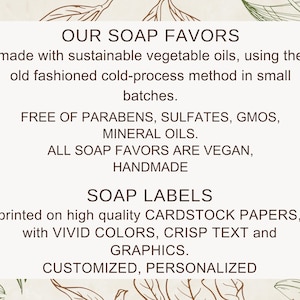 Puede incluir: Una tarjeta crema con texto que describe los jabones, hechos con aceites sostenibles y el m&eacute;todo de proceso en fr&iacute;o. La tarjeta tambi&eacute;n menciona que los jabones son veganos y hechos a mano, con colores vibrantes y texto n&iacute;tido.