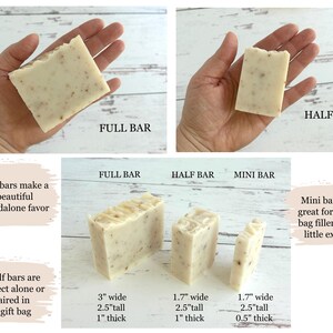 May include: Three rectangular off-white soap bars with visible brown speckles, labeled as full bar, half bar, and mini bar. The full bar is 3 inches wide, 2.5 inches tall, and 1 inch thick. The half bar is 1.7 inches wide, 2.5 inches tall, and 1 inch thick.