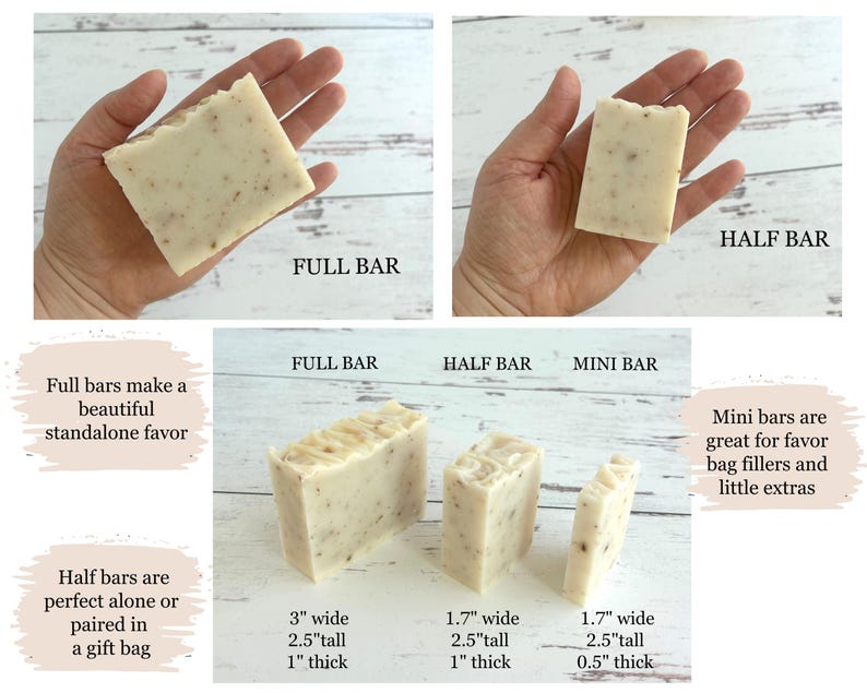 May include: Three rectangular off-white soap bars with visible brown speckles, labeled as full bar, half bar, and mini bar. The full bar is 3 inches wide, 2.5 inches tall, and 1 inch thick. The half bar is 1.7 inches wide, 2.5 inches tall, and 1 inch thick.