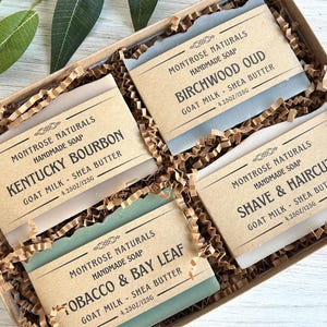 Masculine scented soap gift set of four, Handmade Scented Goat Milk Soap Bars, Spa gift box, Christmas gift idea for him, holiday present