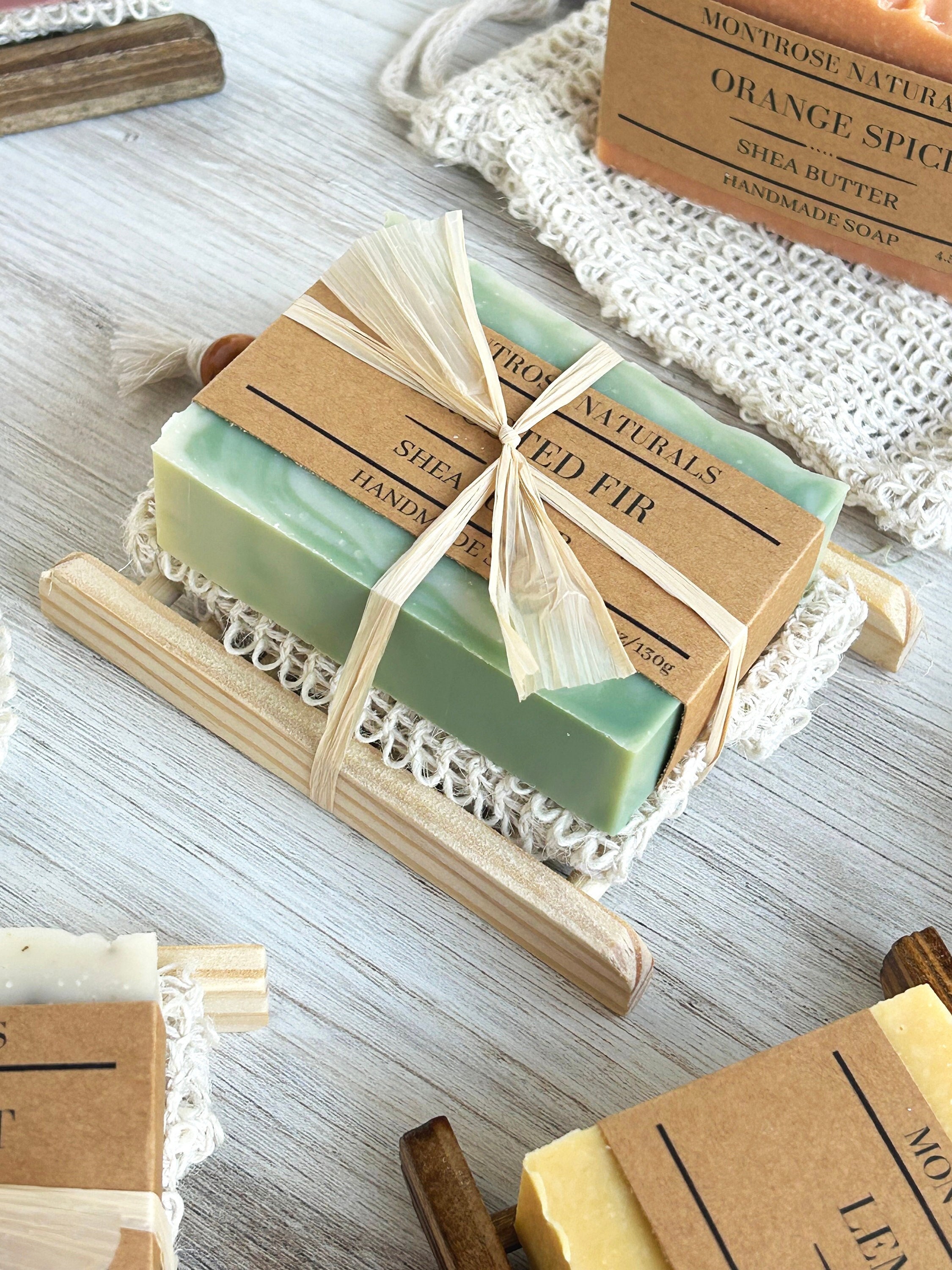 Soap gift set bundle, Handmade Artisan soap bar, Wooden soap dish, Sisal soap saver bag and soap bar bundle Holiday small gift for Christmas
