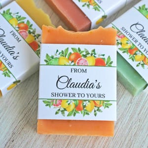 Citrus Bridal Shower Soap Favors, Custom Guest Gift, Tropical Summer Garden Wedding, Lemon Orange Fruit Theme Mediterranean Party keepsake