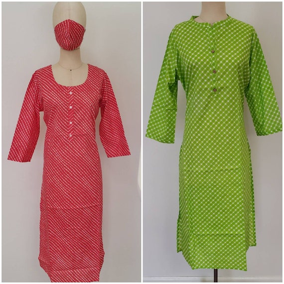 Printed 100% Cotton Kurti Machine Washable Available in Lime Green Color  and Red red Kurti Comes With 2 Layer Matching Face Mask - Etsy