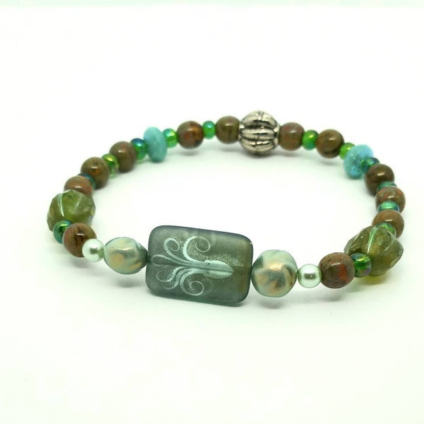 Transparent Green AB Laser Tattoo Squid Rectangle Focal, Chunky Style, Boho Style, Semi Precious Jasper 6mm, Inspired by the Sea and Nature.