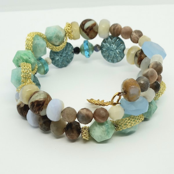 Natural Gemstone Bracelet, Memory Wire strung with Moonstone, Jade, Agate, Sodalite, Peruvian Amazonite, Gold Flat Wire Mesh Chain.